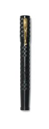 Two Aurora RA3 safety pens: red mottled hard rubber with 18K gold-filled trim * FIAT black chased celluloid.